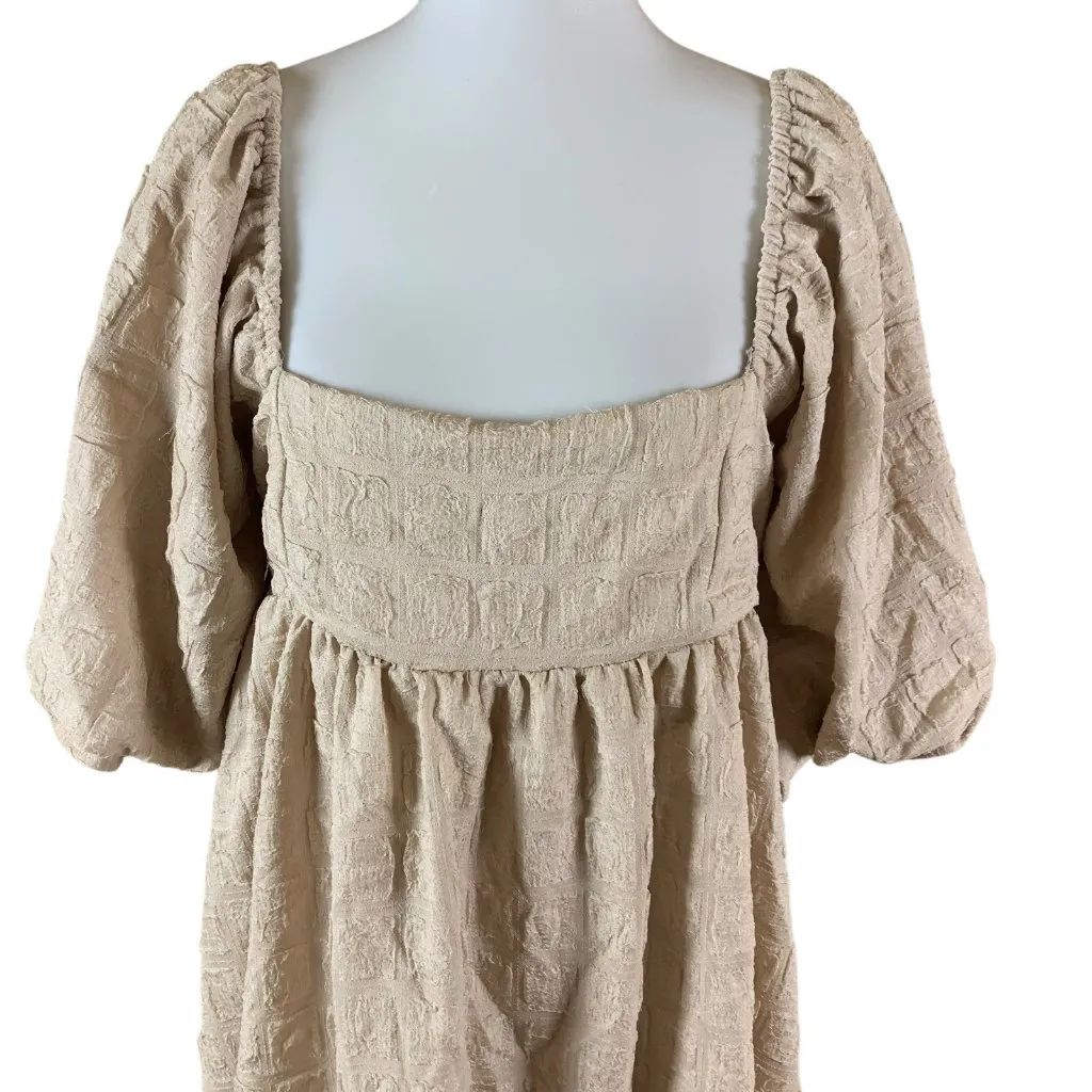 Sweet Lemon Beige Textured Puff Sleeve Square Neck Midi Dress Large - Image 2