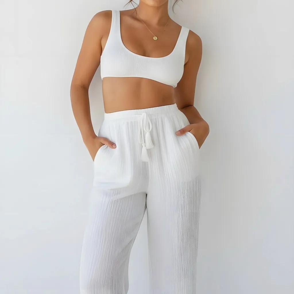 MONDAY SWIMWEAR Tahiti Wide Leg Linen Pants, White Crinkle, Large - Image 2
