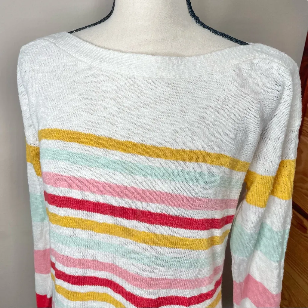 Talbots Slub Boatneck Pullover Sweater Beachy Stripe Medium White Multicolor - Image 4