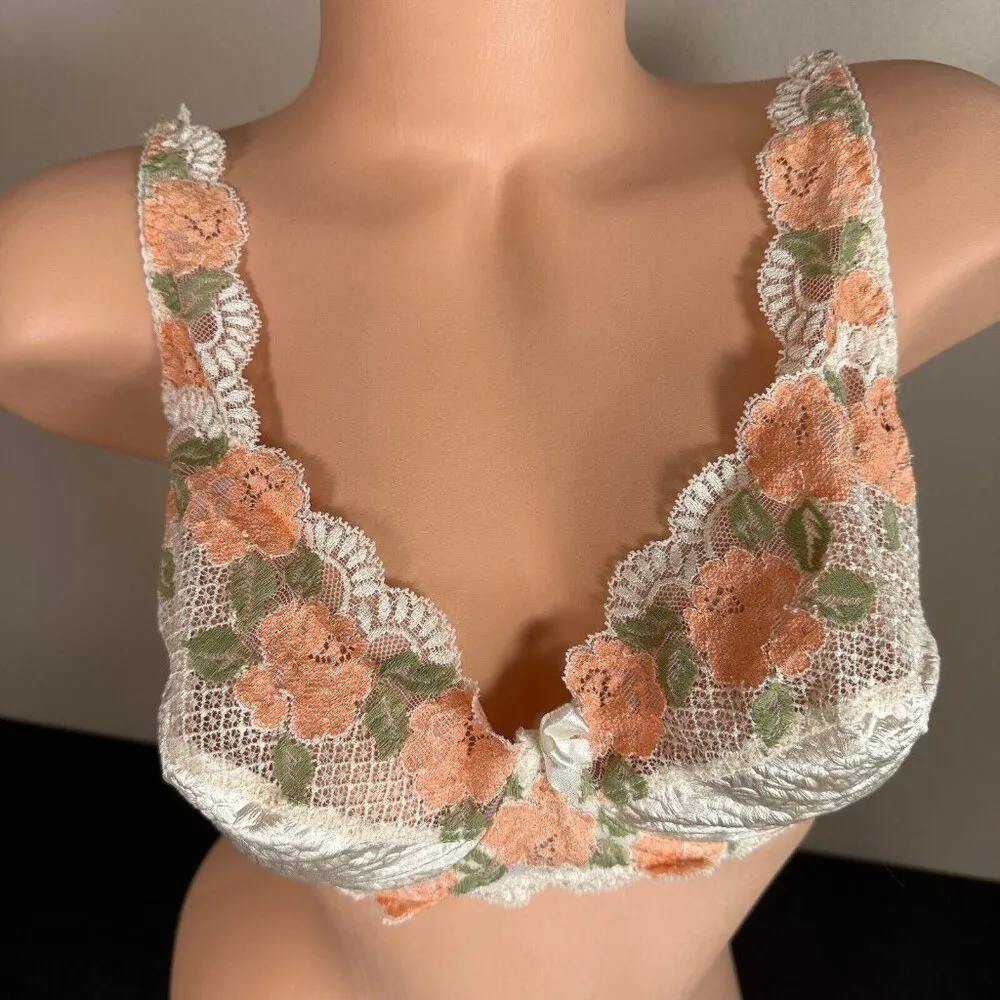 Vintage Spiegel 36D Womens Bra Floral Semi-Sheer Underwire Ivory Back Closure - Image 2
