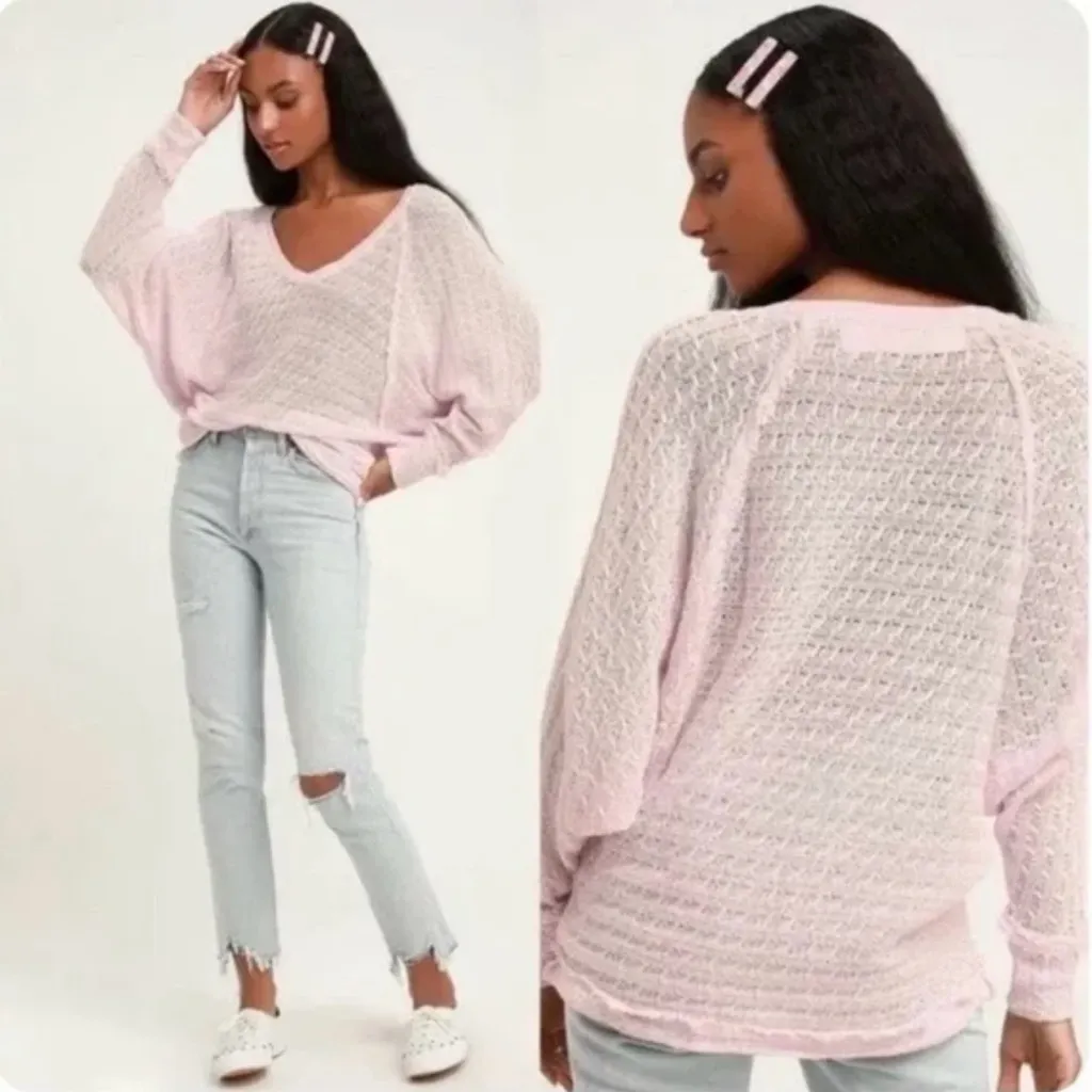 Free People We The Free Thiens Hacci Powder Pink V Neck Lightweight Sweater, XL - Image 2