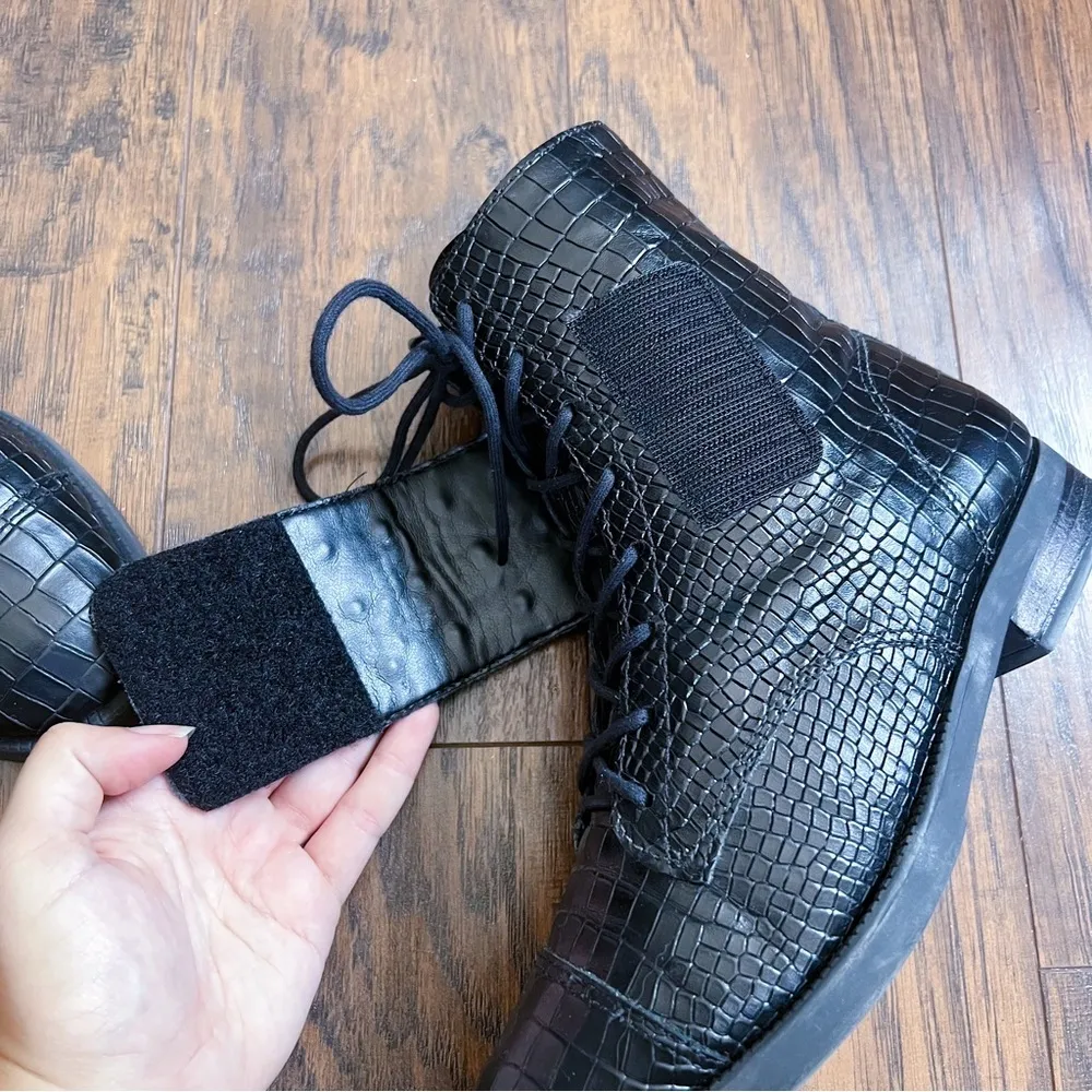 SCHUTZ • Marieta Studded Bootie ankle boot black croc embossed lace up combat - Image 10