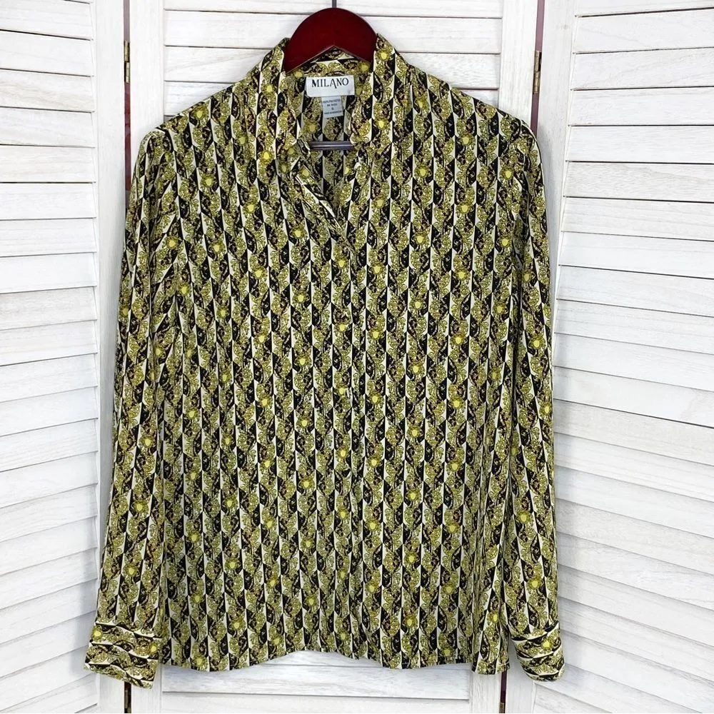Milano Vintage Printed Button Front Blouse Black Yellow Gold Small - Image 7