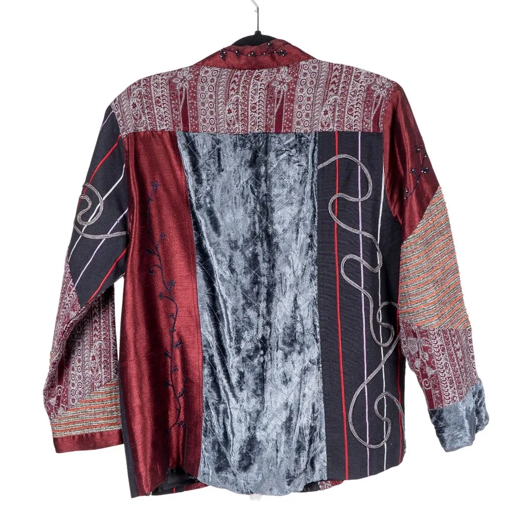 Boho VTG Jacket S Patchwork Textured Red Blue Metallic Lagenlook Fairy Stitching - Image 5