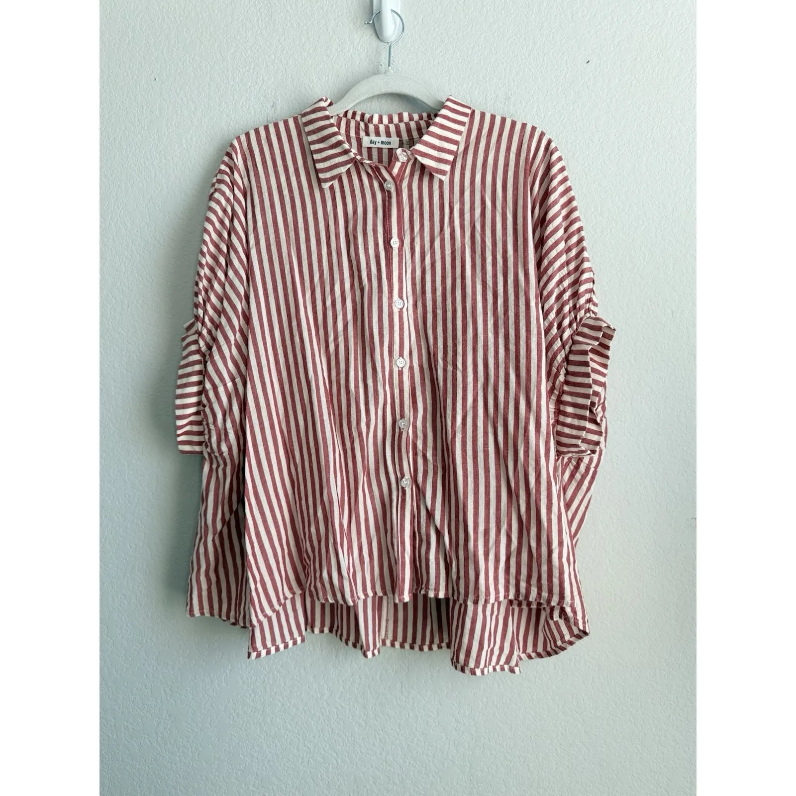 Day +‎ Moon Women's Oversized Stripe Button Down Puff Sleeve Blouse Size Small - Image 4