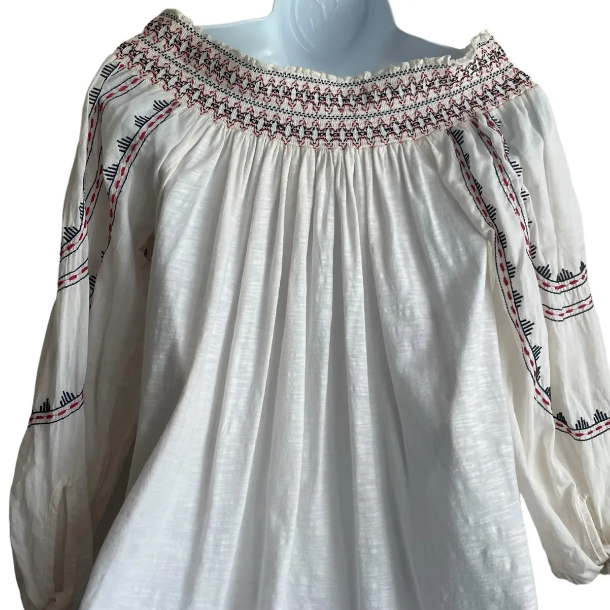 Vintage America Blues Women Top S Ivory 3/4 Sleeve Embroidered‎ Boho Festival - Image 4