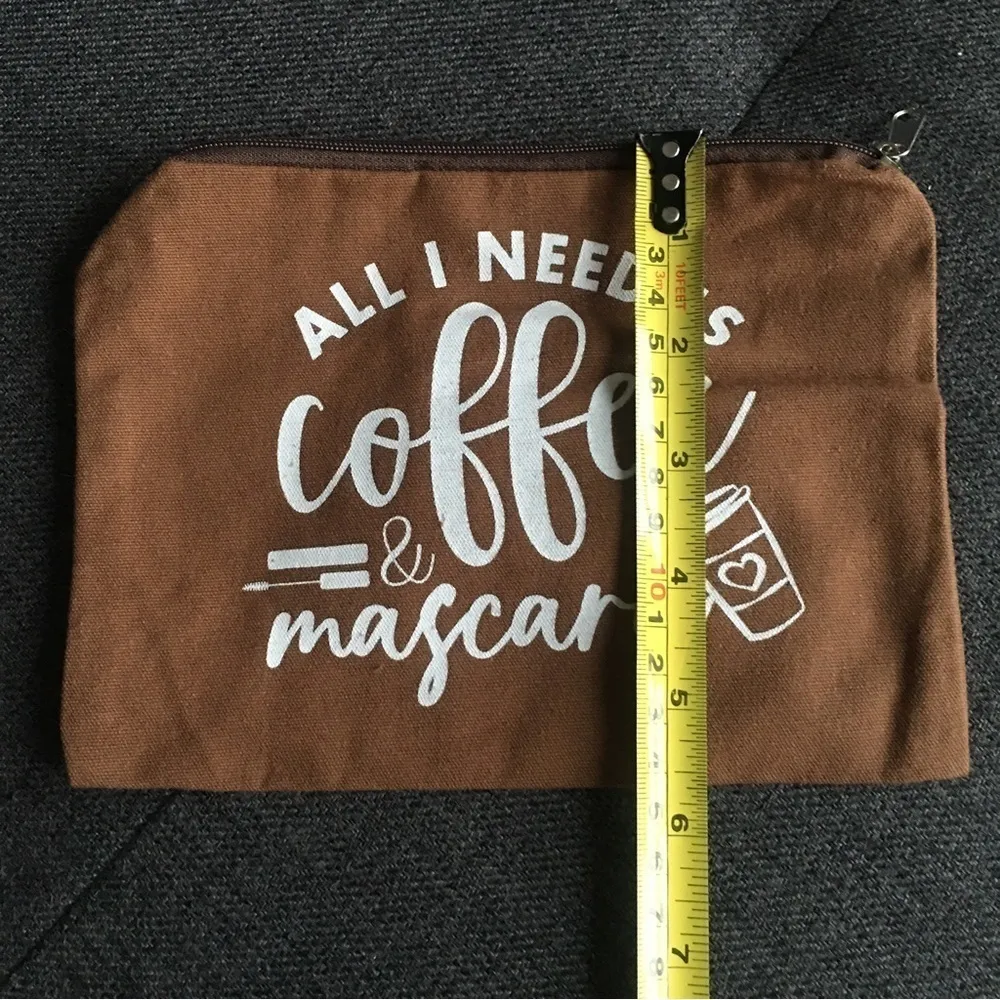 “All I Need is Coffee & Mascara” Makeup Bag, Travel Pouch, Brown, White Brown - Image 5