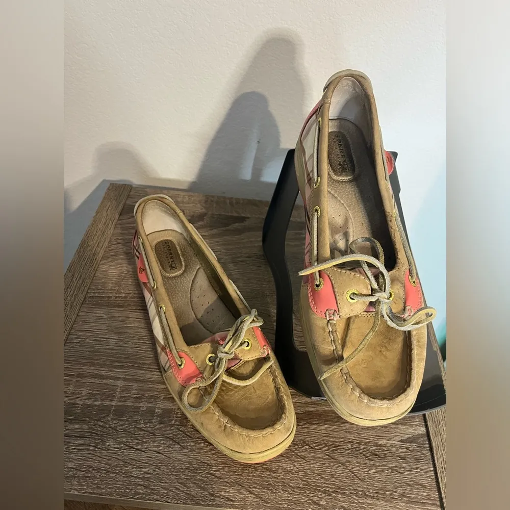 Sperry Topsider Hardback Tan Leather Pink/Plaid Preppy Boat Shoes Women's 9.5M - Image 4