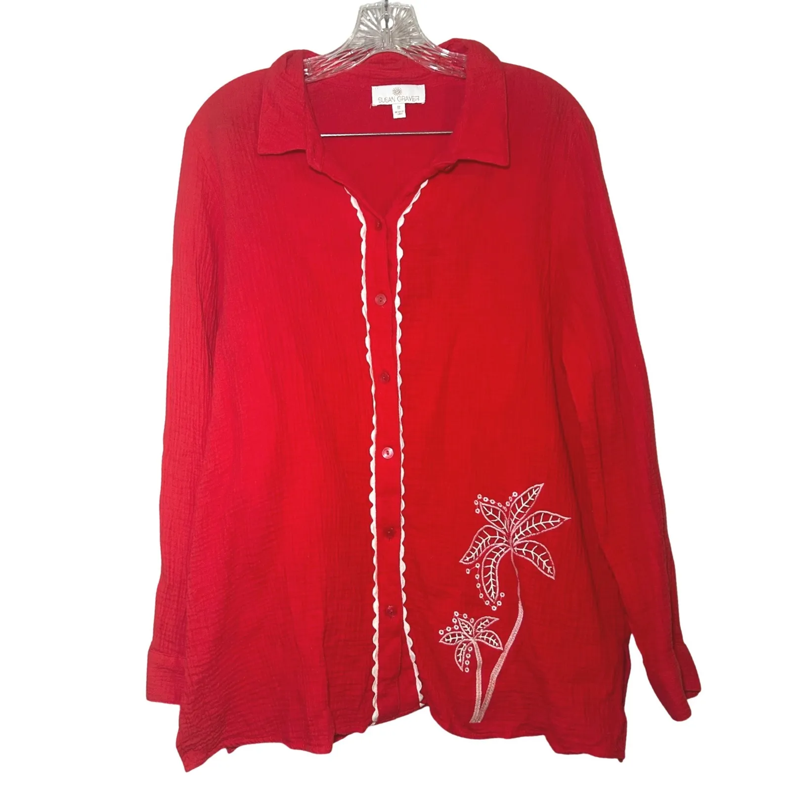 Susan Graver Red Cotton Gauze Palm Tree Embroidered Shirt Top Women's M resort - Image 2