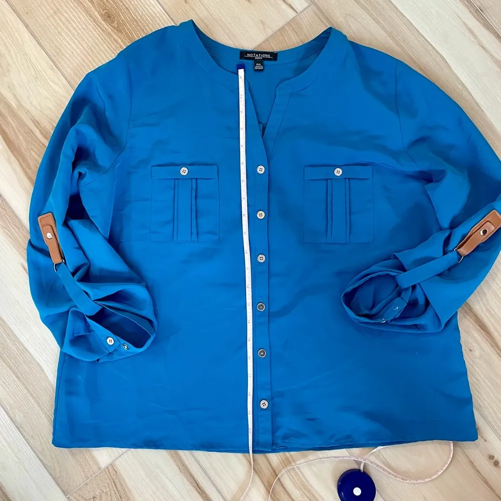 Notations Button Down Blue Top With Leather Sleeve Accents Clips Size PXL - Image 10