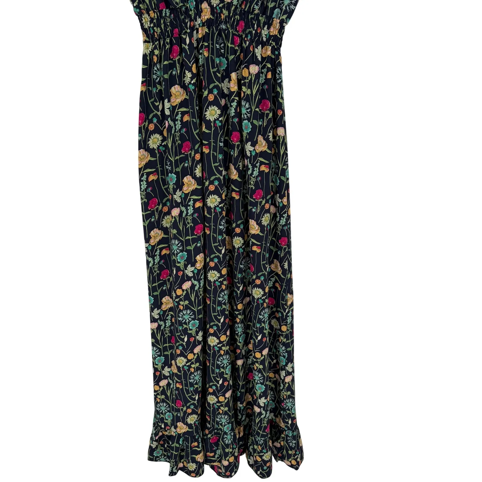 BETINA Floral Print Maxi Dress Deep V Neck Smocked Waist Tie Back Navy Black - Image 4