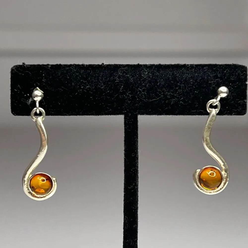 Amber & Sterling Silver Drop Earrings With Swirl Design For Women Orange - Image 4