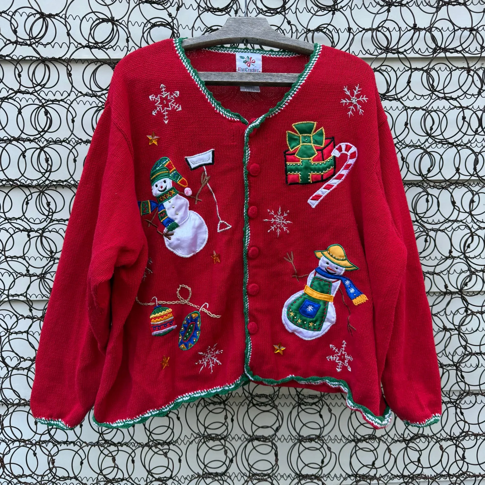 Vintage 90s Nutcracker Bold Winter Christmas Embroidered Cardigan Sweater 3X Red - Image 1