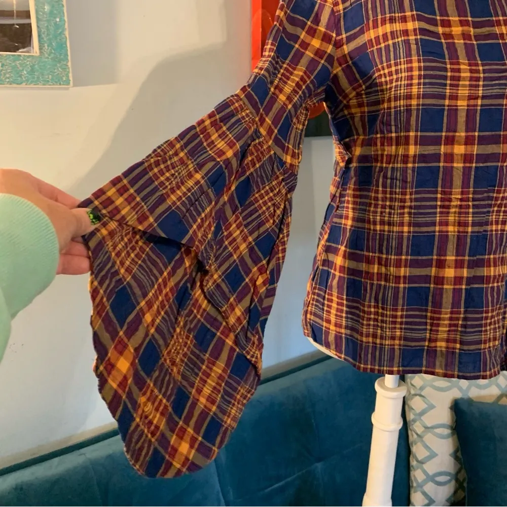 English Factory Plaid Cotton Oyster-Sleeve Top Multi Sz XS $65 - Image 3