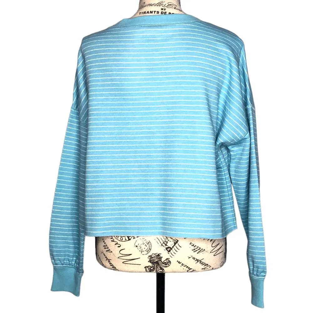 Flirtitude Active SMALL Lightweight Blue Striped Raw Hem Cropped Sweatshirt - Image 5