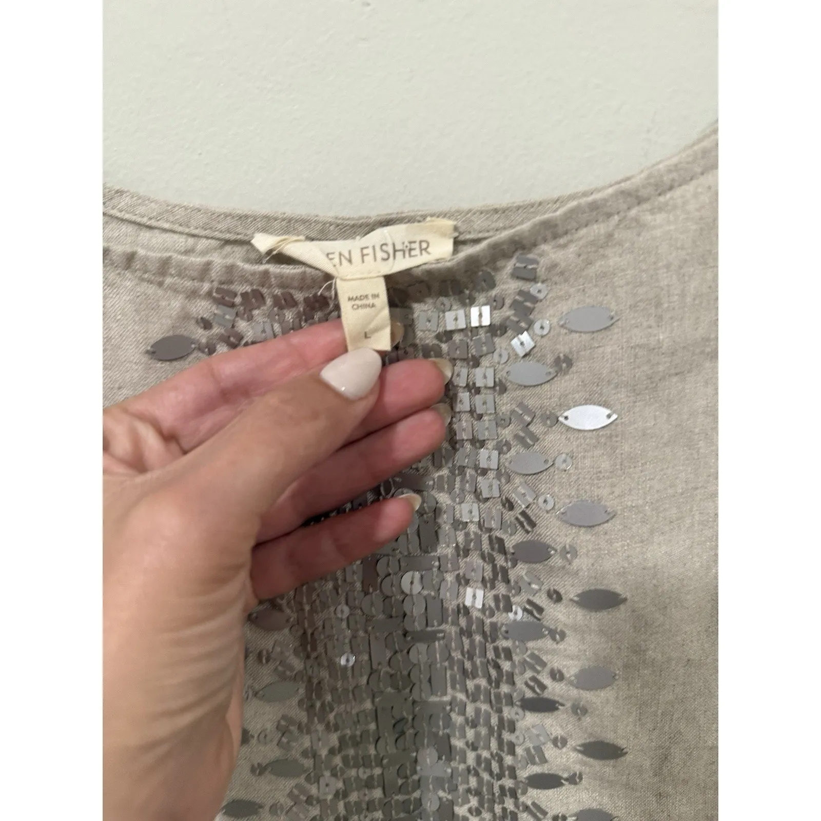 Eileen Fisher Top Womens Large Beige Organic Linen Sequin Boho Lagenlook 2318 - Image 5