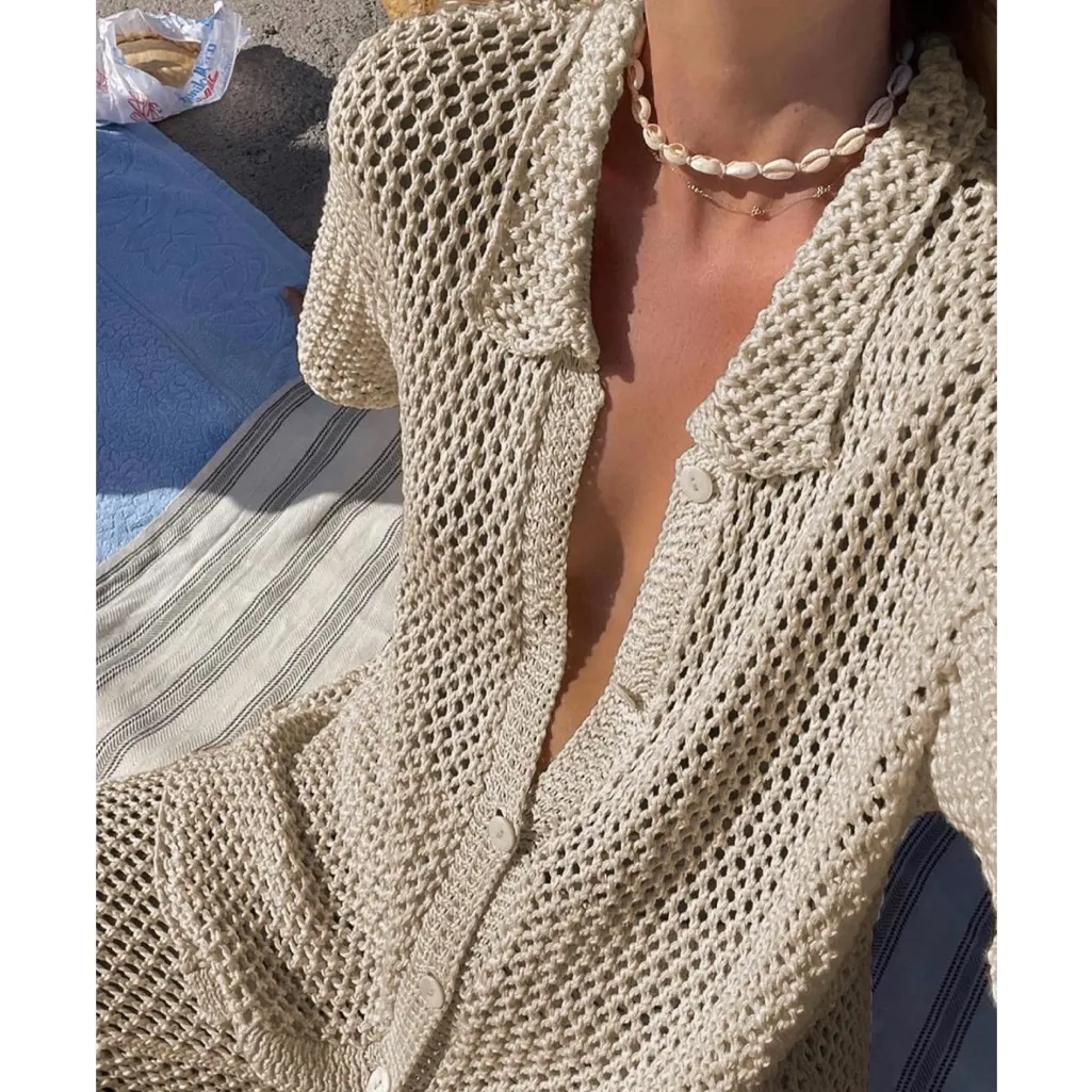 Cream Boho Crochet Knit 2 Piece Beach Lounge Set Tan Size L - Image 5