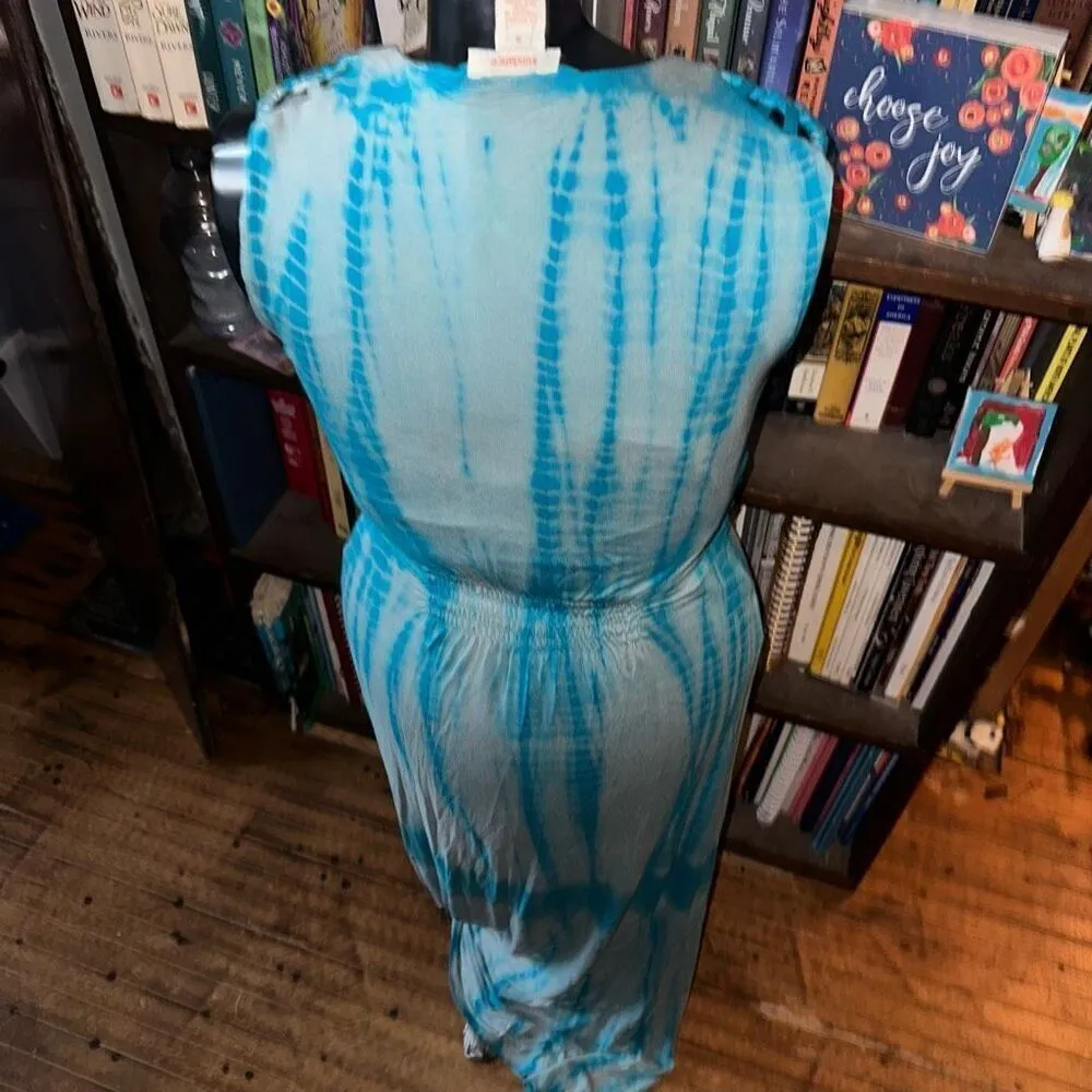 Sundance tie dye boho strapless S knit travel maxi dress Blue - Image 4