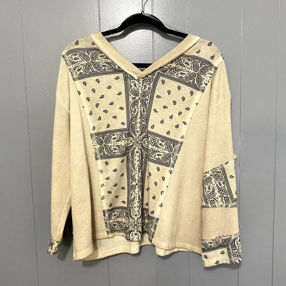 POL Cream Patchwork Bandana V-neck Oversized Multi Media Boho Western Top S - Image 5
