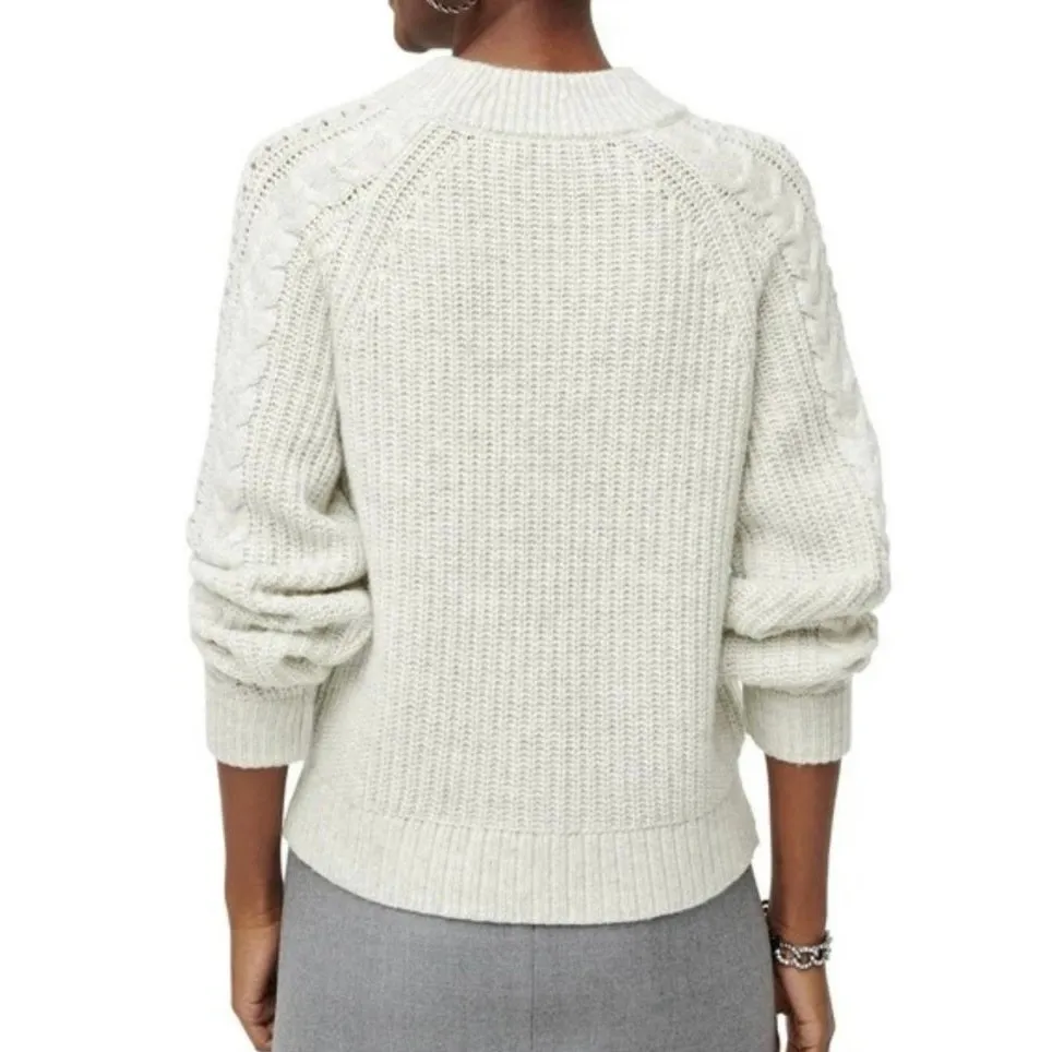 J Crew Wool Pom Pom Cable Knit Long Sleeve Sweater Medium Women’s Gray AE995 - Image 6