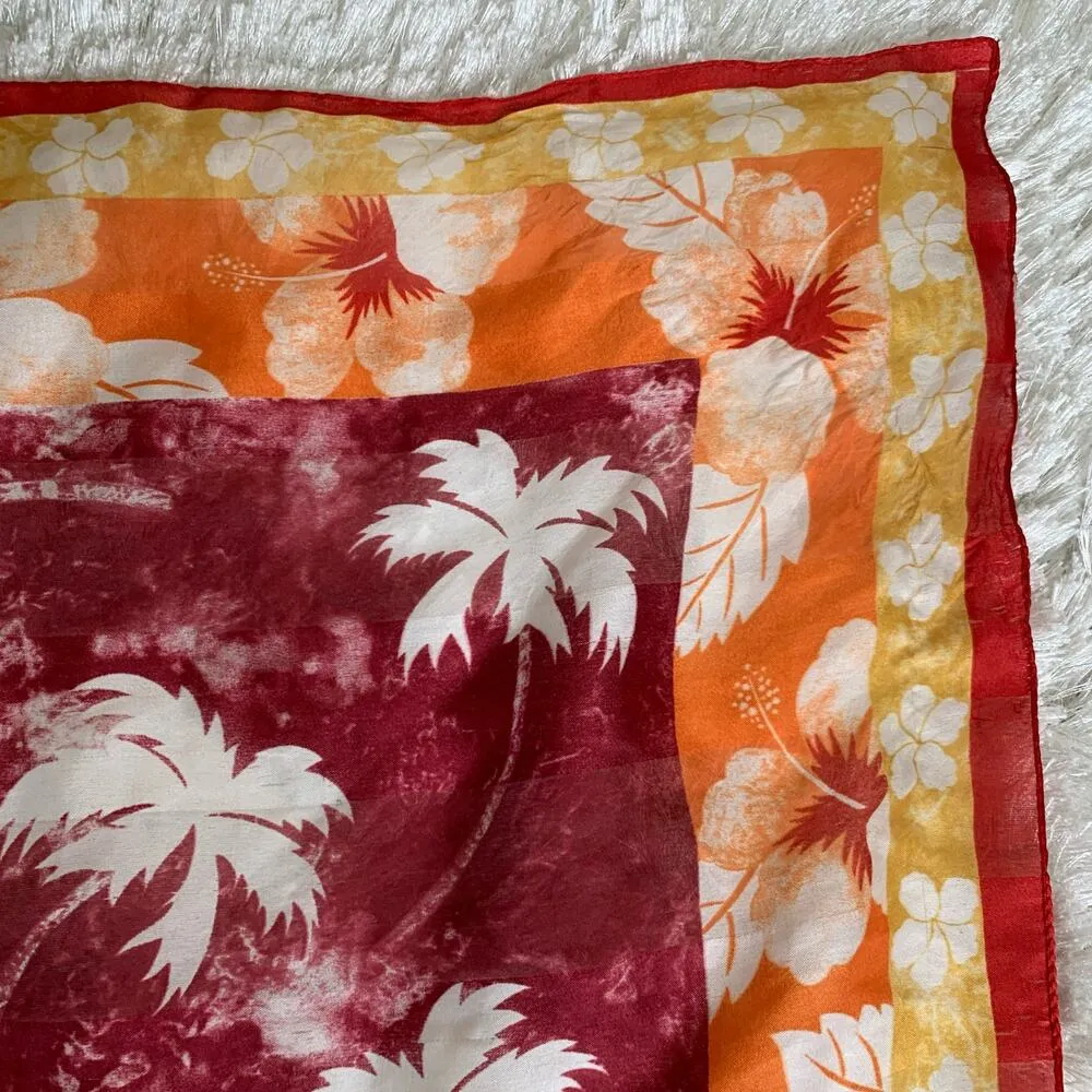 Palm Tree Floral Square Silk Scarf Orange Gold Red White - Image 5