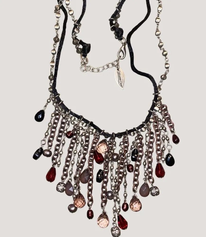 Cold Creek Multi Chain Fringe Necklace White Clear Black Red Accents Soup Bead - Image 12
