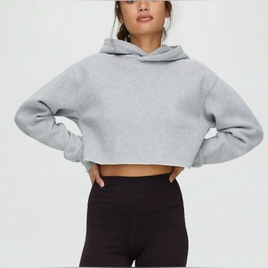 TNA The Perfect Crop Hoodie Pullover Sweatshirt Roll Hem in Light Gray Size L Size L - Image 1