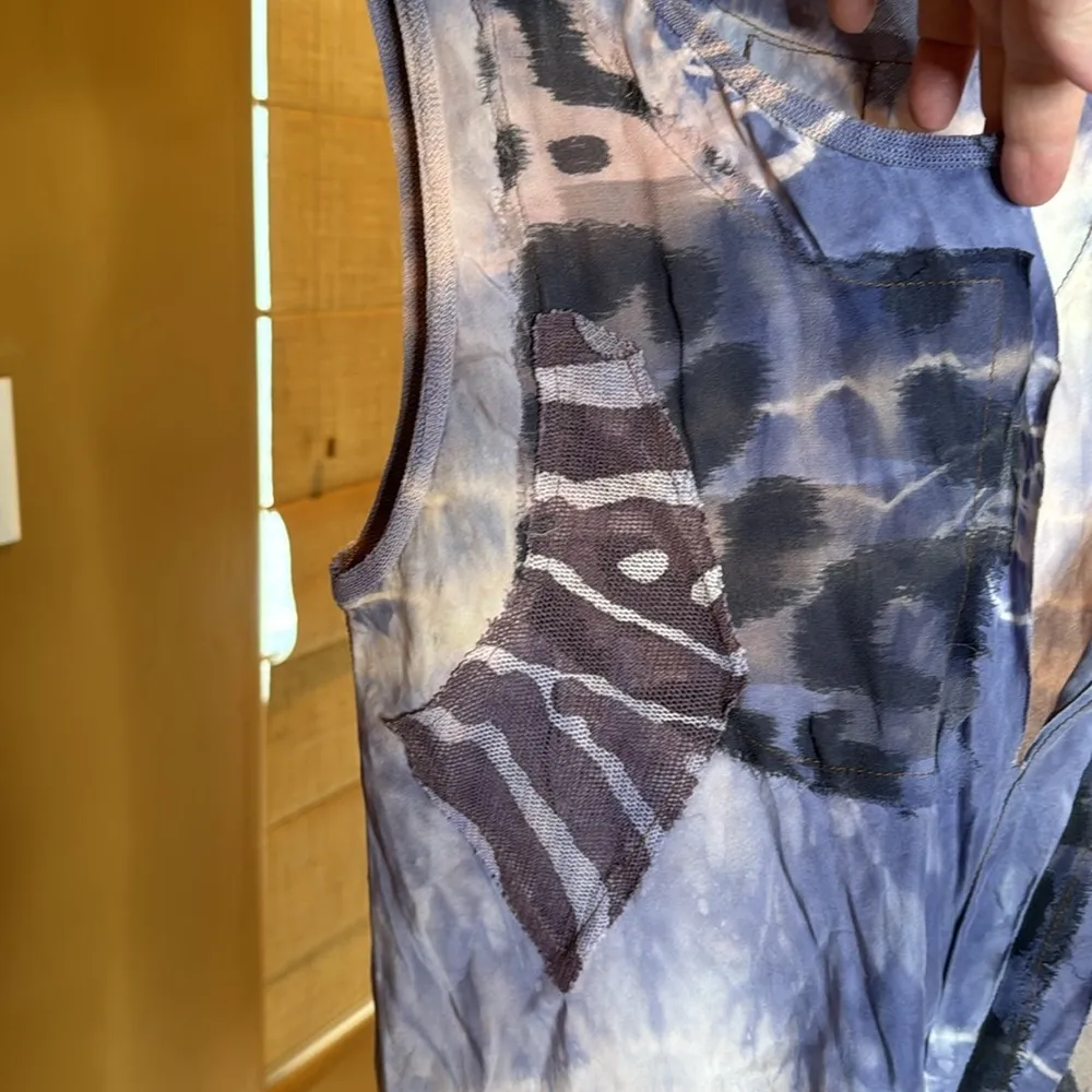 Vintage Gregory Parkinson Silk Tie Dye Chiffon Applique Shift Dress Size Small Blue - Image 2