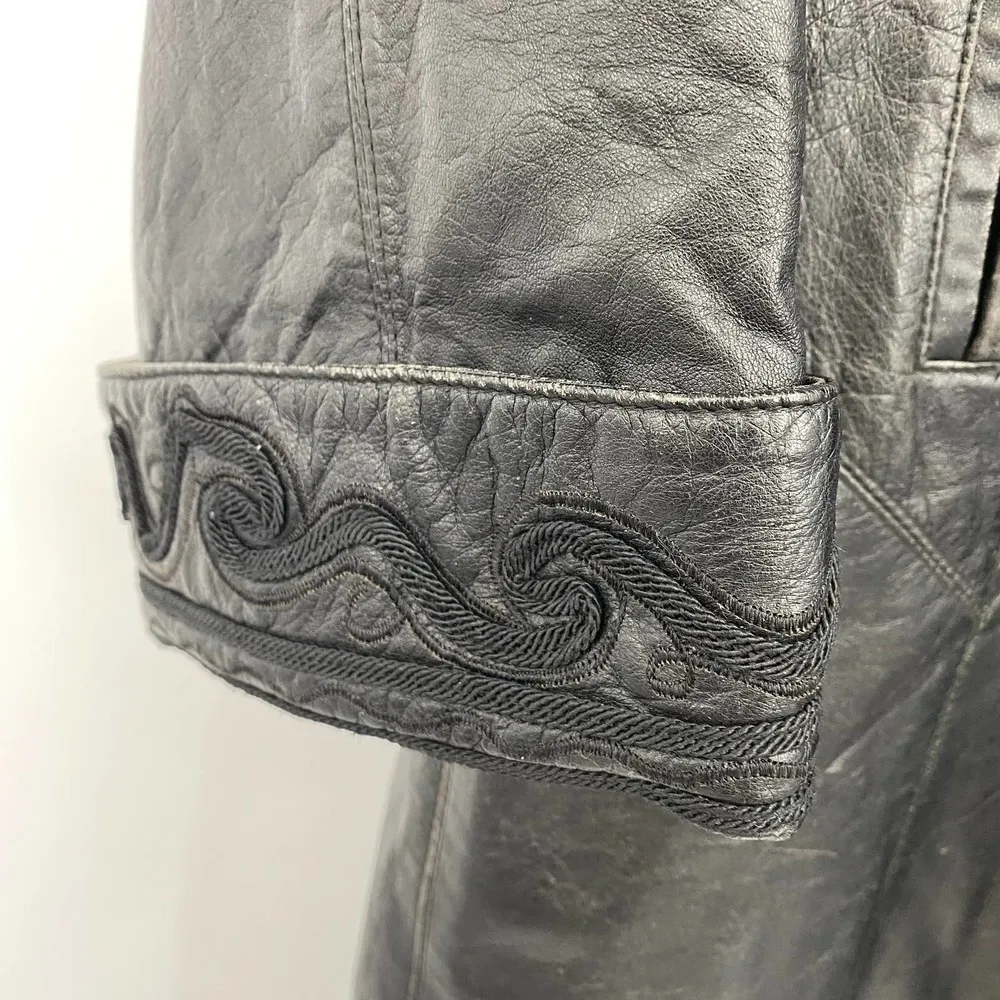 Vintage Leather Penny Lane Style Long Coat Black Real Fur Trim Womens Small - Image 14