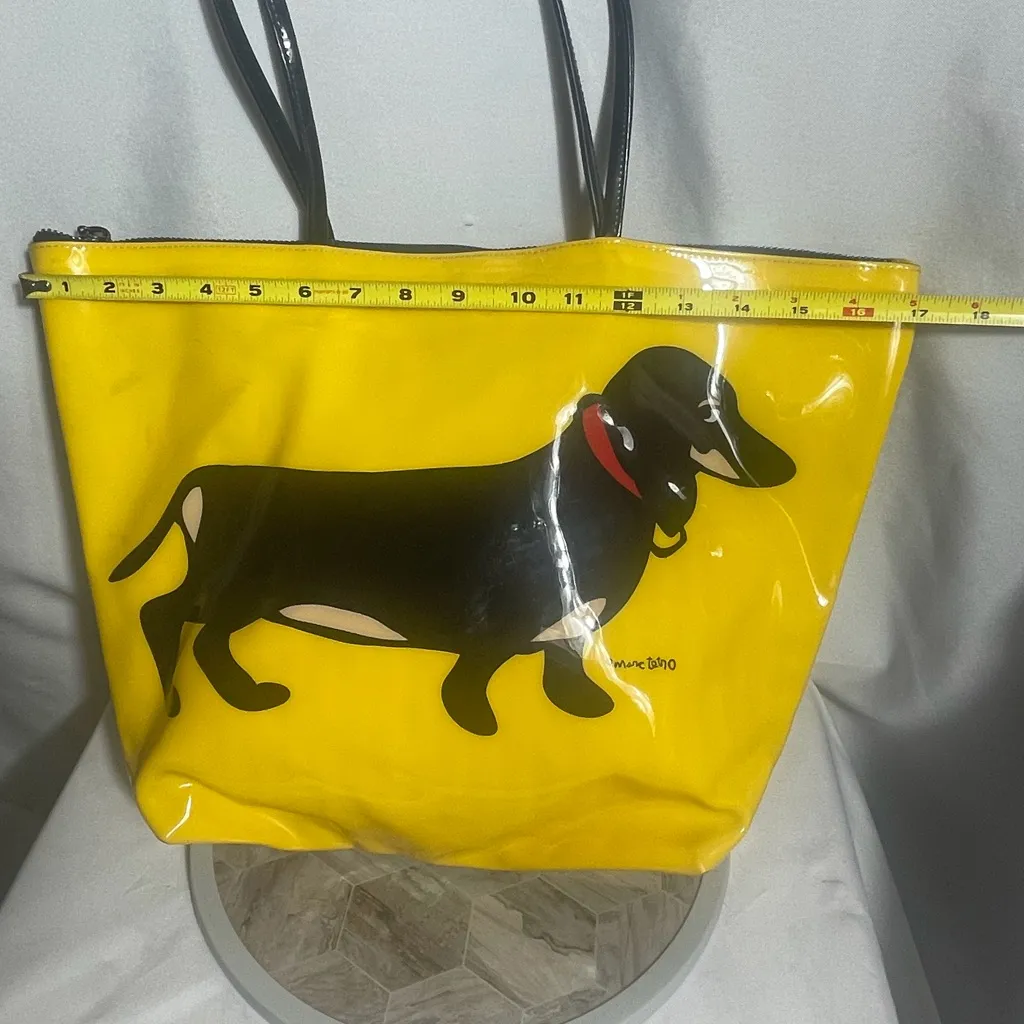 Marc Tetro Dachshund Dog Tote Bag Yellow Vinyl Shoulder Bag Striped Lining - Image 6