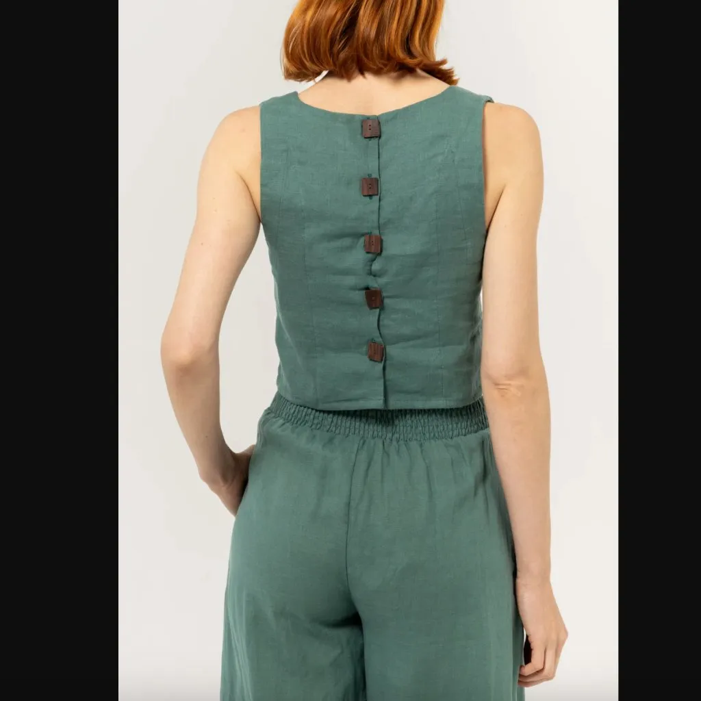 Bel Kazan Larkin Button Back Top + Atlas Gaucho Pants Linen 2pc Coord Set XS Blue - Image 2