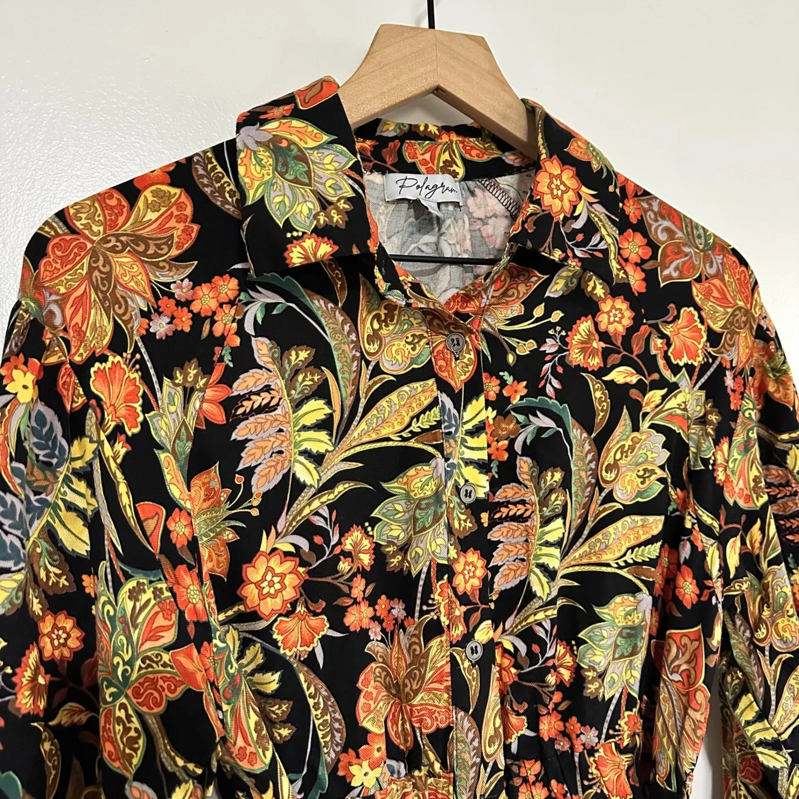 POLAGRAM | Black Orange Floral Button Front Tie Waist Long Sleeve  Mini Dress, S - Image 5