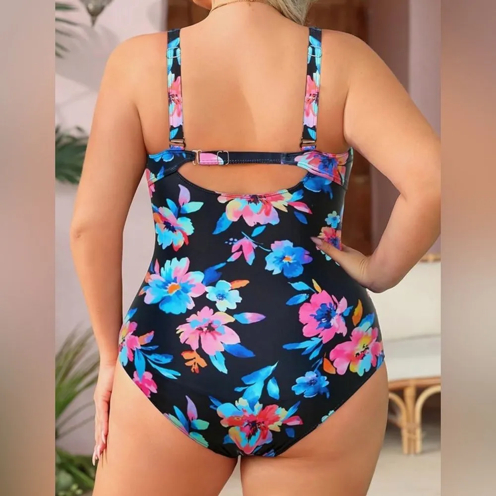Aqua Eve Womens One Piece Swimsuit Tummy Control Black Colorful Floral 14W NWT - Image 3
