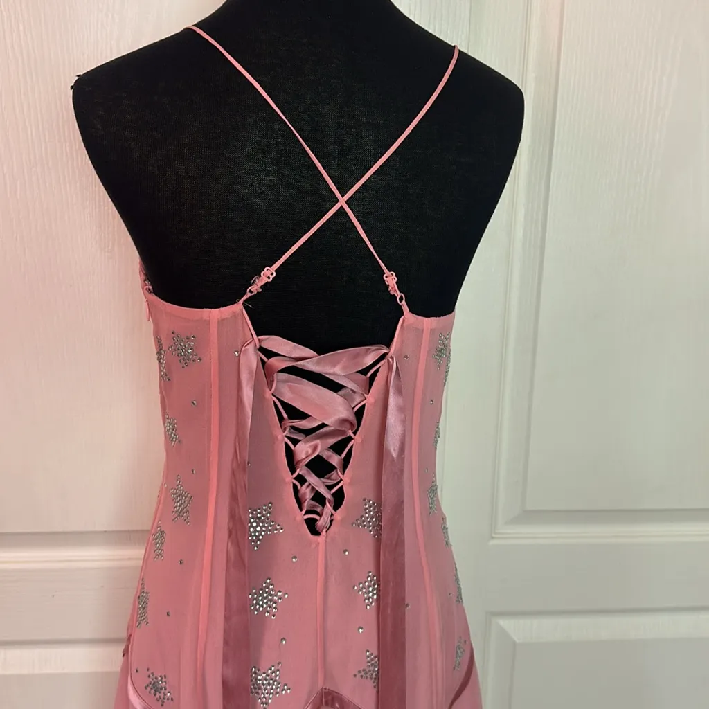 VTG Y2K BETSEY JOHNSON EVENING SILK GOWN PINK RHINESTONE STAR DRESS FAIRY - Image 5