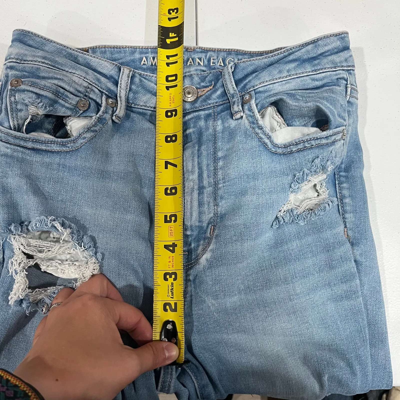 American Eagle Super Hi Rise Flare Peekaboo Lace Pocket Distressed Jeans Size 6 - Image 9
