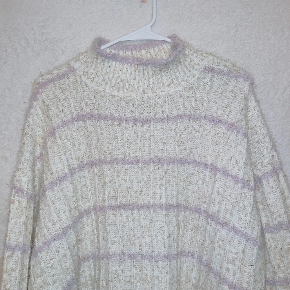 Ophelia Roe Fuzzy Eyelash Knit Cream Purple Glitter Stripe Mock Neck Sweater 1X - Image 4