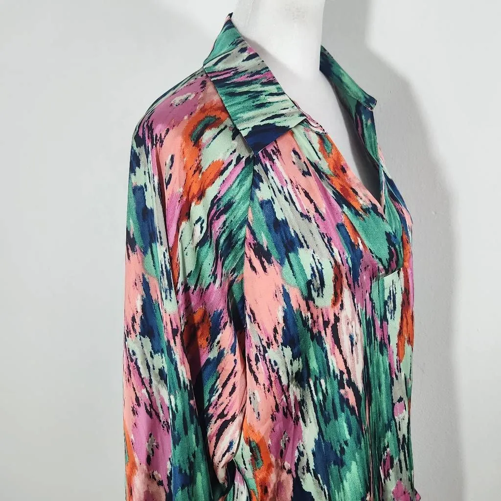 Colorful Abstract Print Boho Blouse with V - Image 3