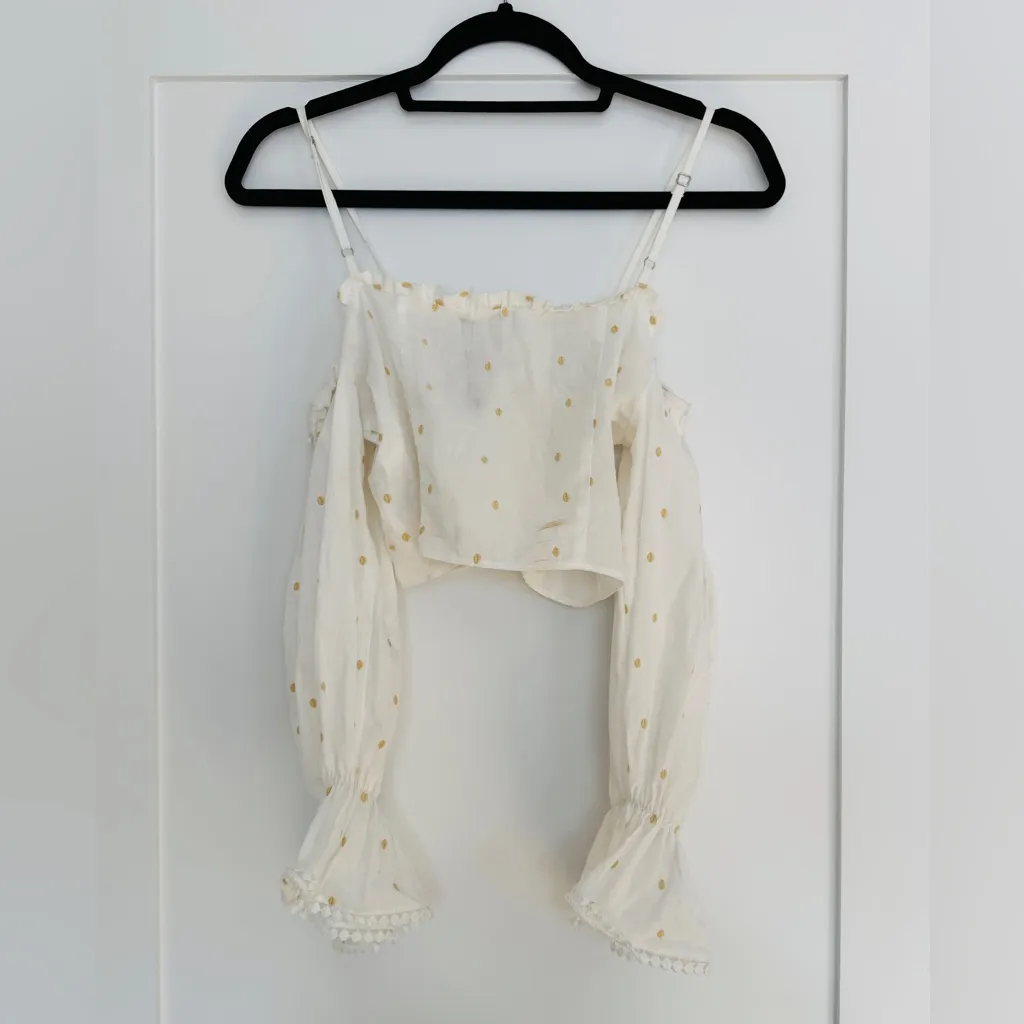 ZARA NWT White Off Shoulder Puff Sleeve Crop Top Blouse XS Ecru Polka Dot - Image 8