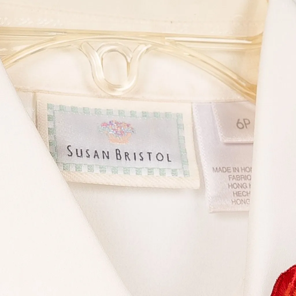 Susan Bristol Floral Embroidered Blouse 6P 90s Ivory Button Up Shirt 6 Petites - Image 6