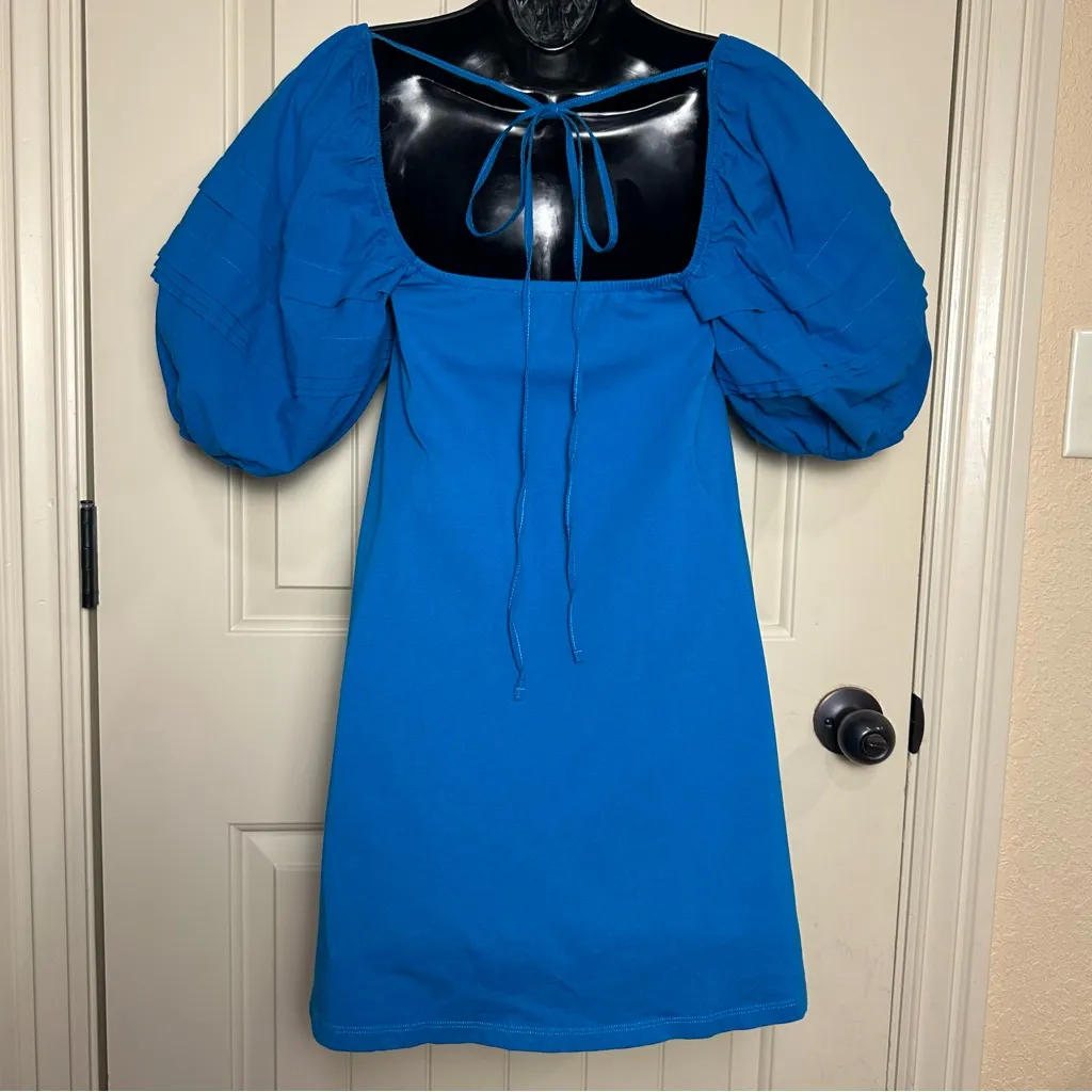 Zara Vibrant Blue Puff-Sleeve Mini Dress Small Square Neck Tie Back $70 GUC - Image 8