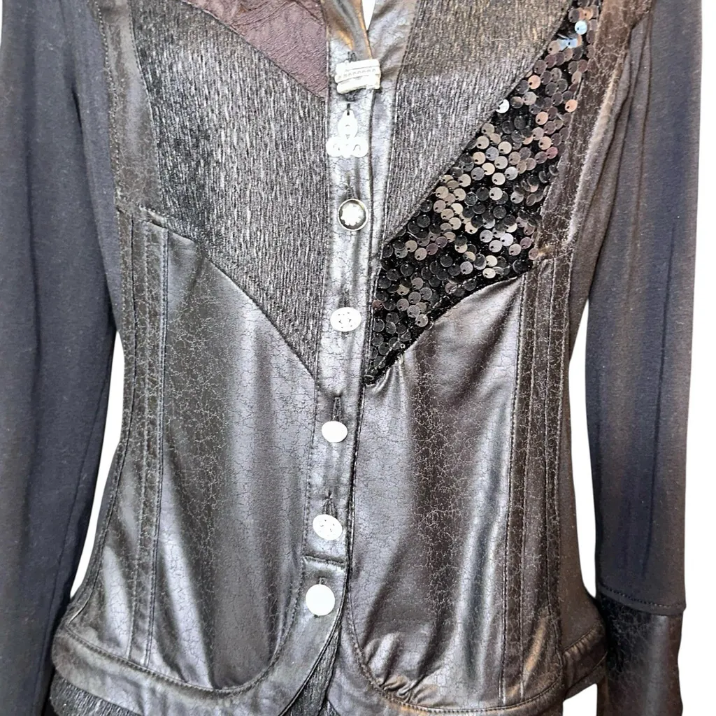 Elisa Cavaletti Gothic Couture Faux Leather Mixed Media Black Jacket LG Edgy - Image 5