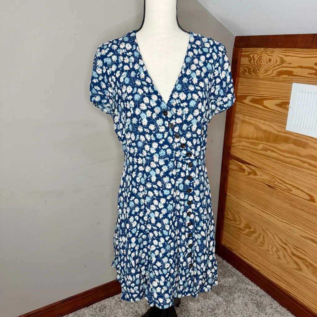 Madewell Button Wrap V-Neck Mini Dress in French Floral Blue Multicolor 8 L1916 - Image 2