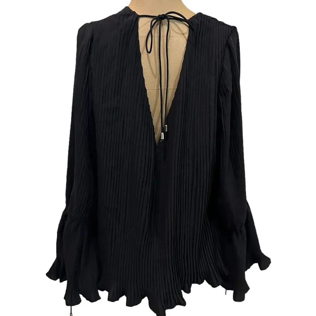 C/MEO Collective Blouse Revolve Black Pleated Long Bell Sleeve V-Neck Small - Image 6