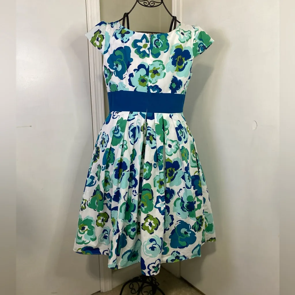 Jillian Jones Women’s Size 10 Cap Sleeve Knee Length Floral Cotton Dress Blue - Image 3
