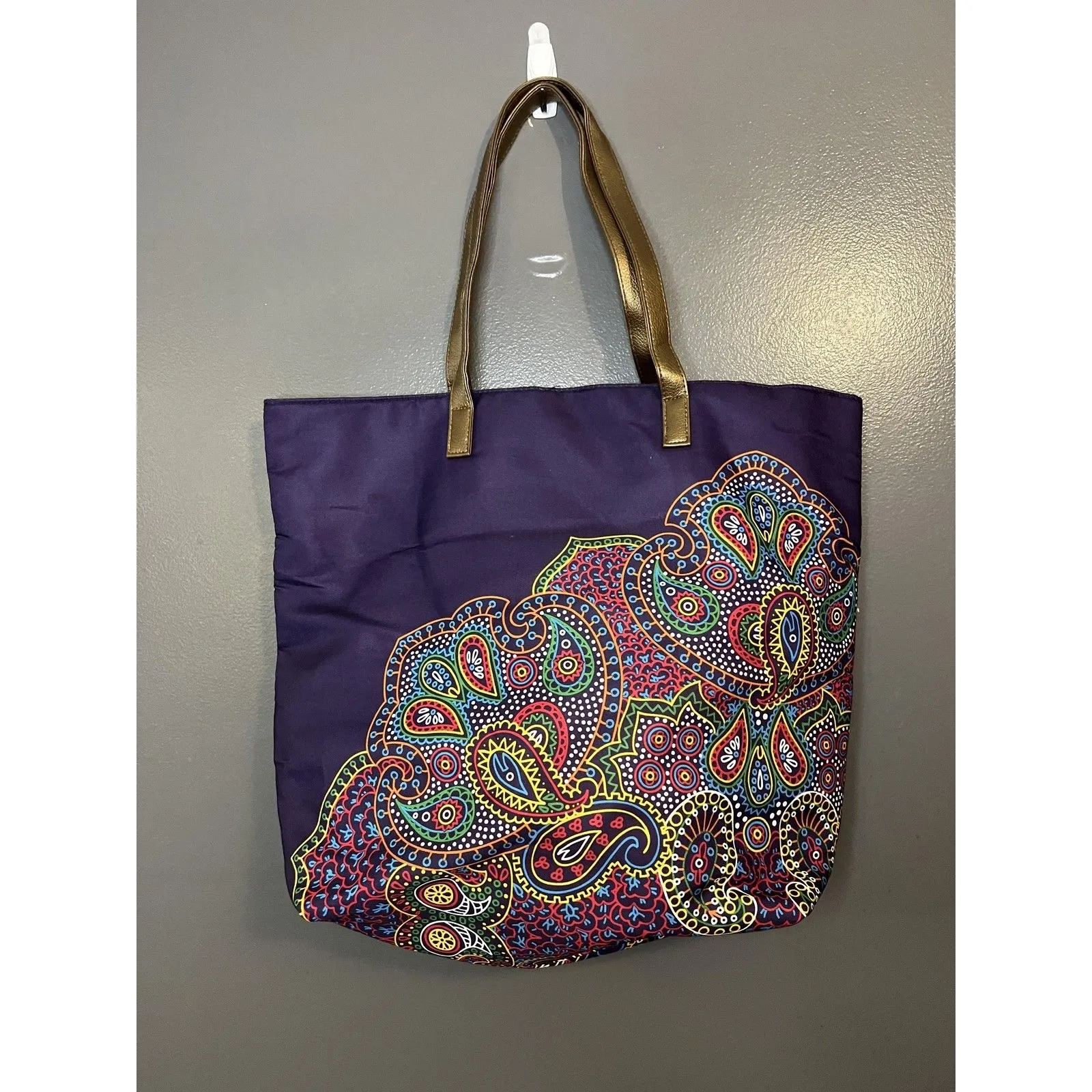 Paisley Tote Bag Womens Large Purple Multi Shoulder Metallic Gold Handles - Image 2