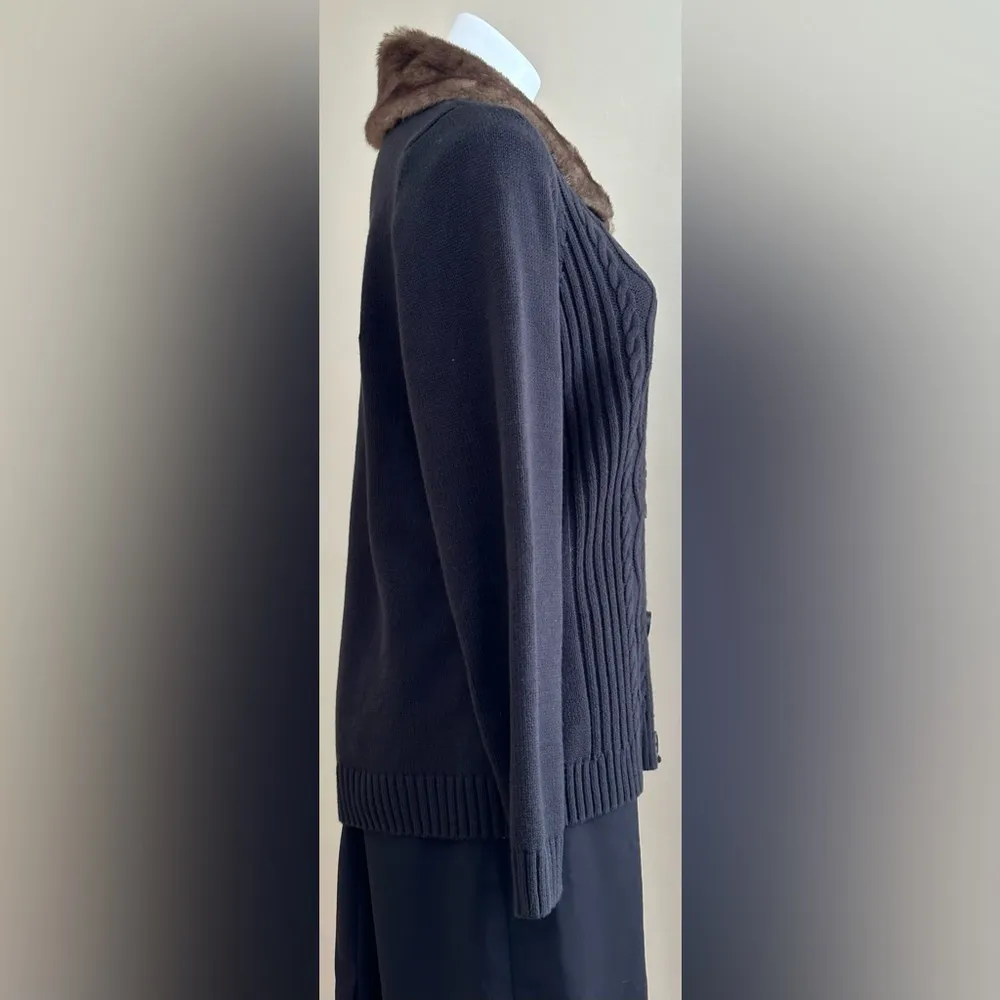 Liz Claiborne Black Cable Kinit Cardigan Top Faux Fur Collar Button Down SZ XL - Image 4