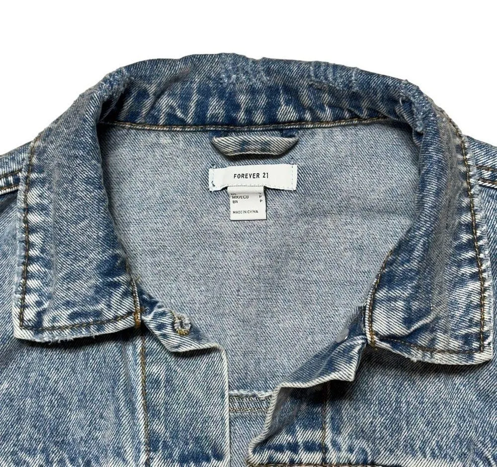 Forever 21 Light Wash Distressed Denim Jacket US S - Image 8