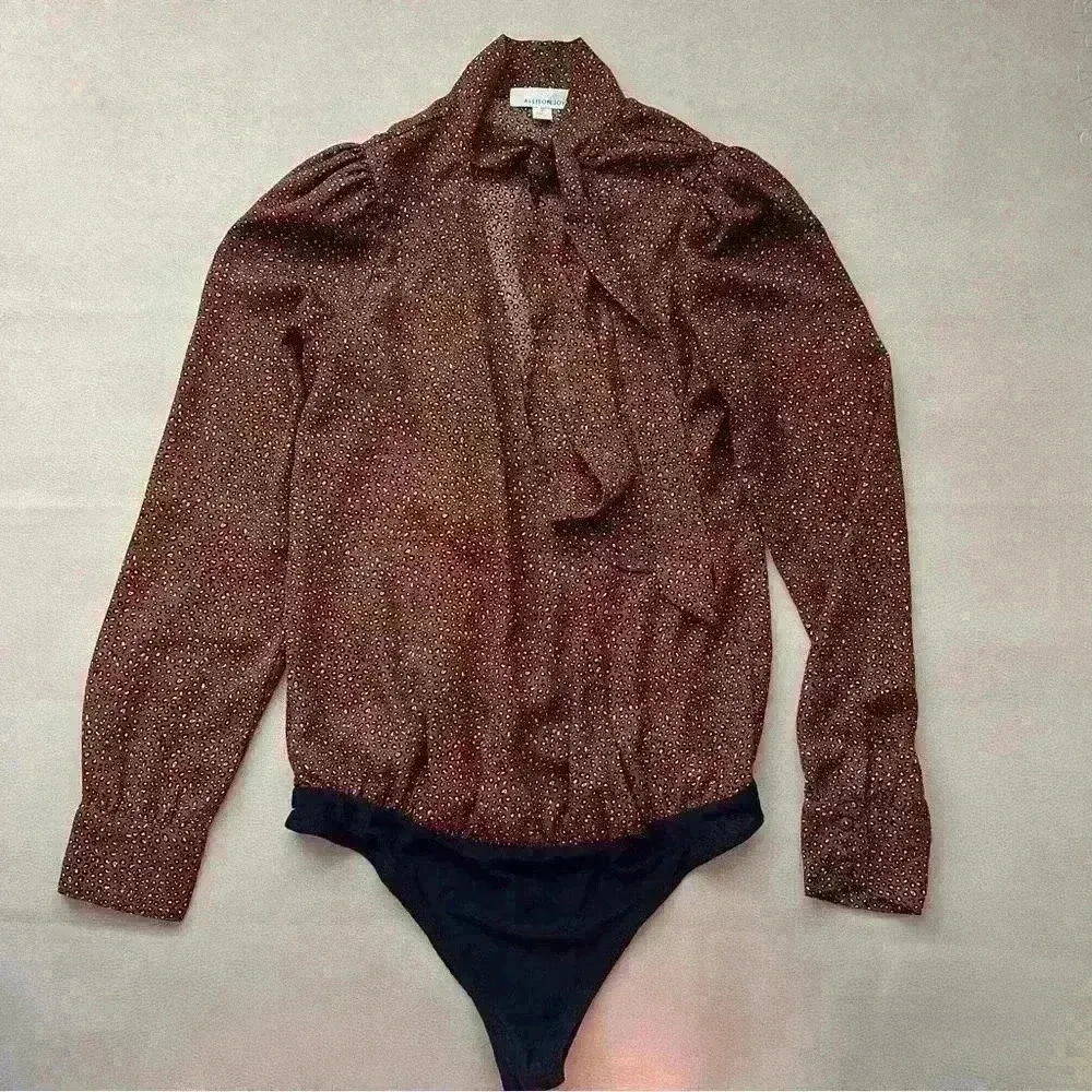 Leopard Bodysuit Brown & Black Leopard Print Long Sleeve Bodysuit Small - Image 2