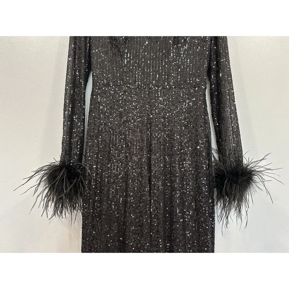 Mac Duggal 111581 Feather Cuff Sequin Black V Neck Jumpsuit XS NWOT - Image 3