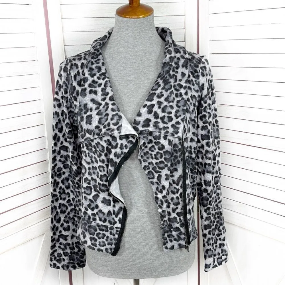 Bordeaux Leopard Print Side Zip Knit Moto Jacket Grey Black Medium Funnel Neck‎ - Image 7